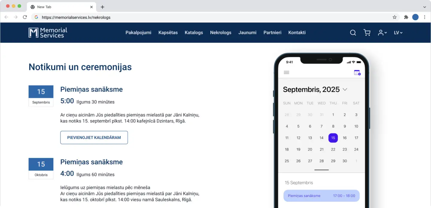 Piemiņas lapas notikumi Google Kalendārā