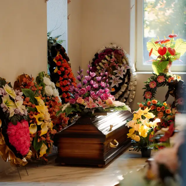 Vainagi, grozi un pušķi no svaigiem un mākslīgiem ziediem. Bēru lentes, ikonas, sveces, eļļas lampas un fotorāmjii portretiem.